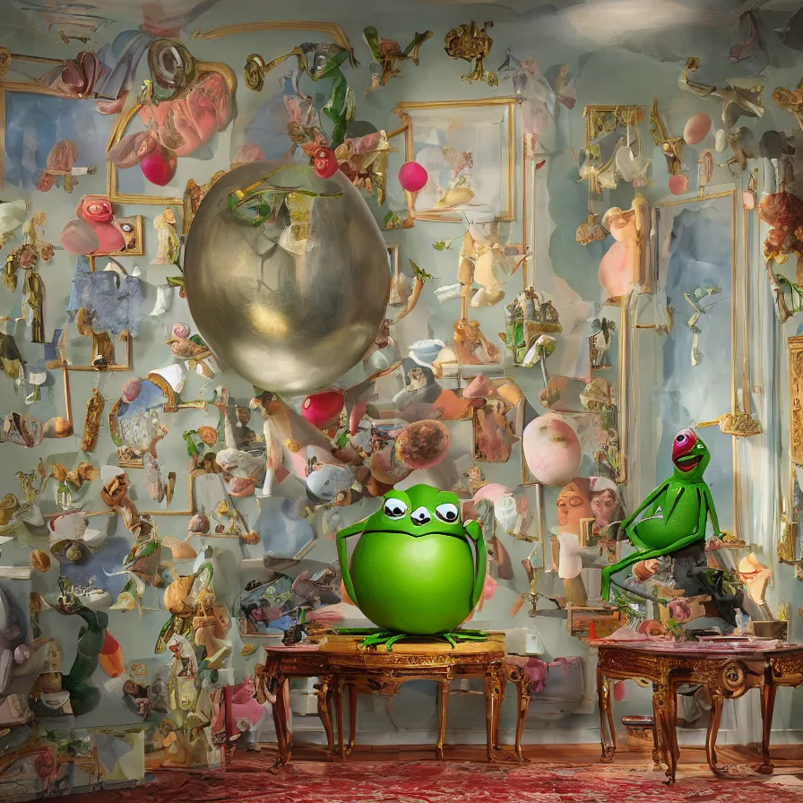 Prompt: beautiful studio photograph of a surrealist assemblage of kermit the frog laying an enormous technicolor egg in the presidential suite, made of watercolor - painted plaster on a pedestal by ron mueck and matthew barney and rene magritte, hysterical realism intense cinematic lighting shocking detail 8 k