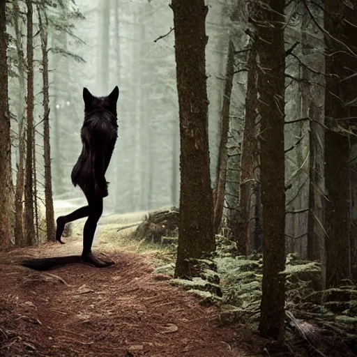 Image similar to standing werecreature consisting of a human and wolf, photograph captured in a forest
