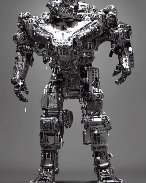 Image similar to a full body shot of a cyborg ( bull ) modeled after a bull looking into the camera, android, cyborg, full body shot, intricate, 3 d, hyper realism, fantasy, depth of field, octane render, symmetrical, highly detailed, digital art, artstation, concept art, cinematic lighting, trending