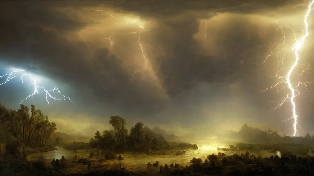 Image similar to battle for earth, lightning, storms, volumetric lightning by eugene von guerard, ivan shishkin, dramatic lighting, concept art, trending on artstation, 8 k