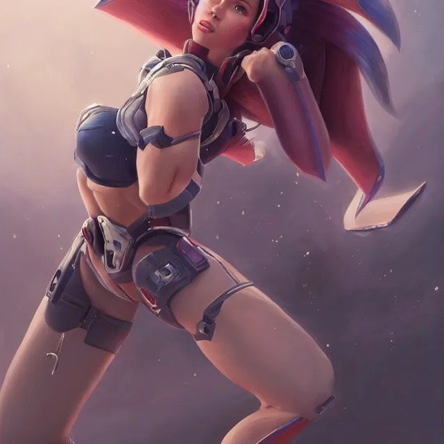 Prompt: detailed portrait of scarlett johansson as a female bodybuilder d. va from overwatch, attractive, beautiful, fantasy, intricate, elegant, highly detailed, digital painting, artstation, concept art, matte, sharp focus, illustration, art by aenaluck, artgerm and roberto ferri and greg rutkowski, epic fantasy, digital painting