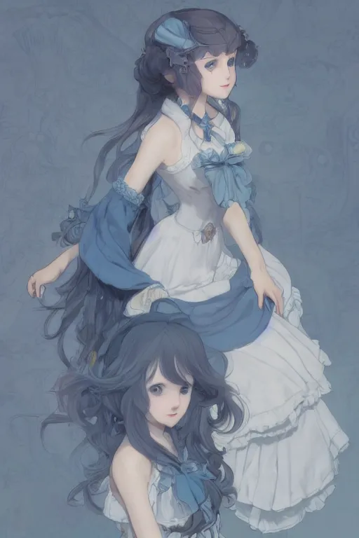 Image similar to a character design of a young lolita dressed girl, full body, grey and blue theme, wavy white long hair by krenz cushart and mucha and akihito yoshida and makoto shinkai and greg rutkowski, 4 k resolution