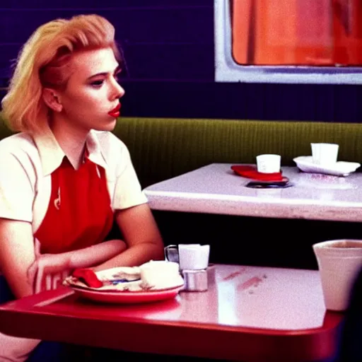 Prompt: a still of Scarlett Johansson at the double r diner in Twin Peaks (1990)