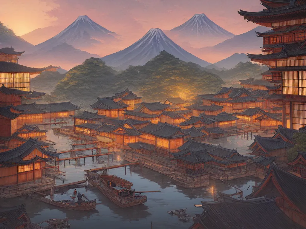 Image similar to old japanese town viewed from harbor, d & d digital painting, ultra realistic, beautiful, volumetric lighting, warm colors advance, cell shading, by james jean, greg rutkowski,