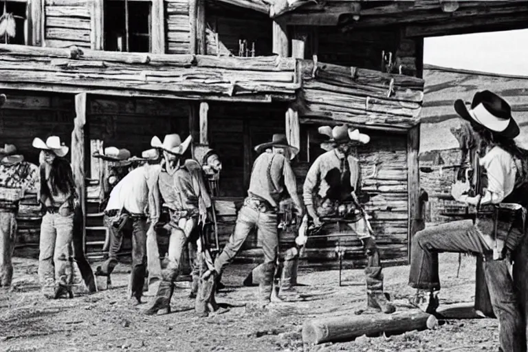 Image similar to minion cowboy saloon shootout, 3 5 mm scene from a western, 1 9 6 6