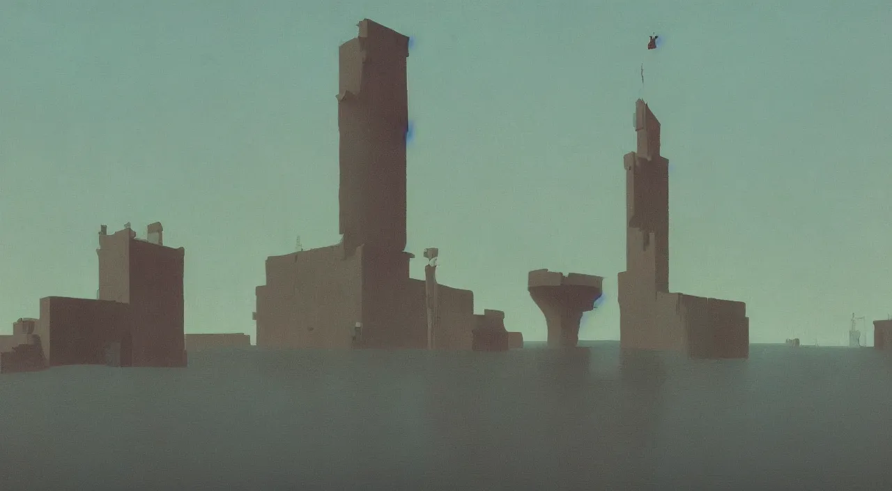 Prompt: single flooded simple minimalist clay tower, very coherent and colorful high contrast!! masterpiece by rene magritte simon stalenhag carl spitzweg syd mead norman rockwell edward hopper james gilleard, dark shadows, sunny day, hard lighting