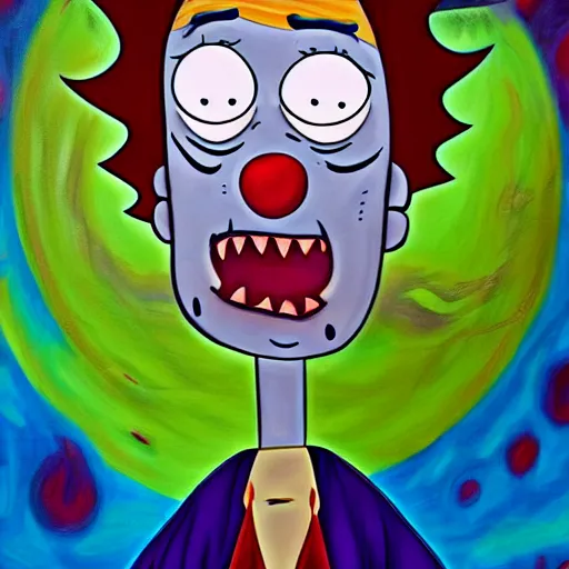 Prompt: fantasy painting of a clown by rick and morty | horror themed | creepy