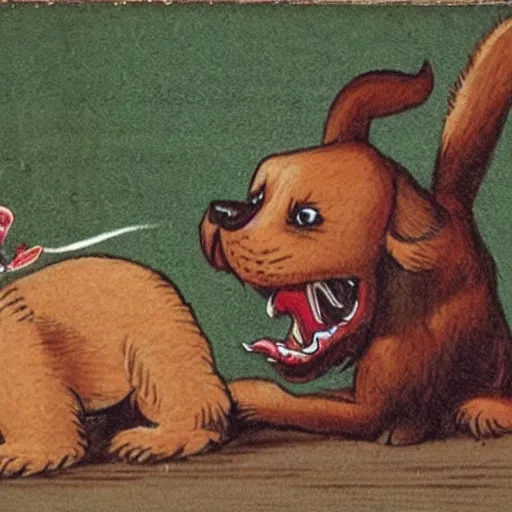 Image similar to a dog biting its own tail in the style of garbage pale kids