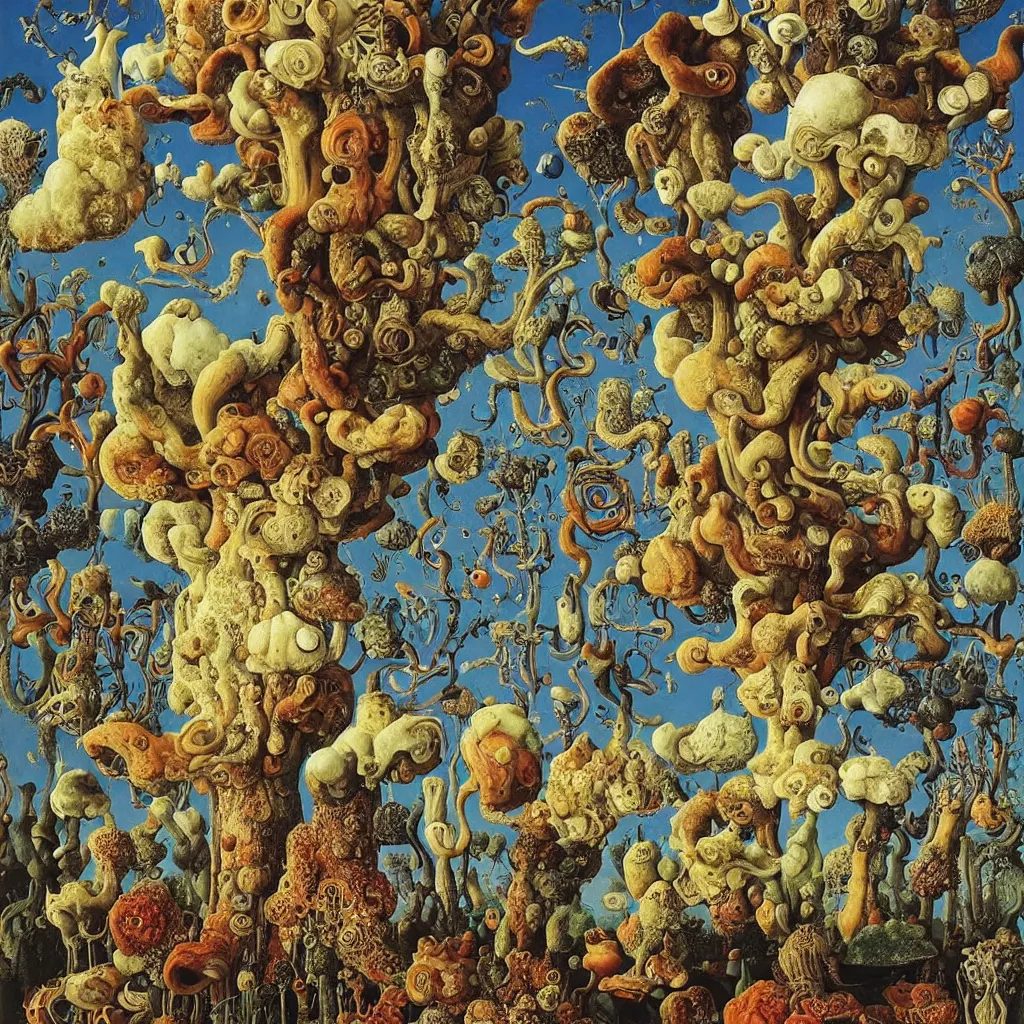 Image similar to a single colorful! ( lovecraftian ) fungus tower white! clear empty sky, a high contrast!! ultradetailed photorealistic painting by jan van eyck, audubon, rene magritte, agnes pelton, max ernst, walton ford, andreas achenbach, ernst haeckel, hard lighting, masterpiece