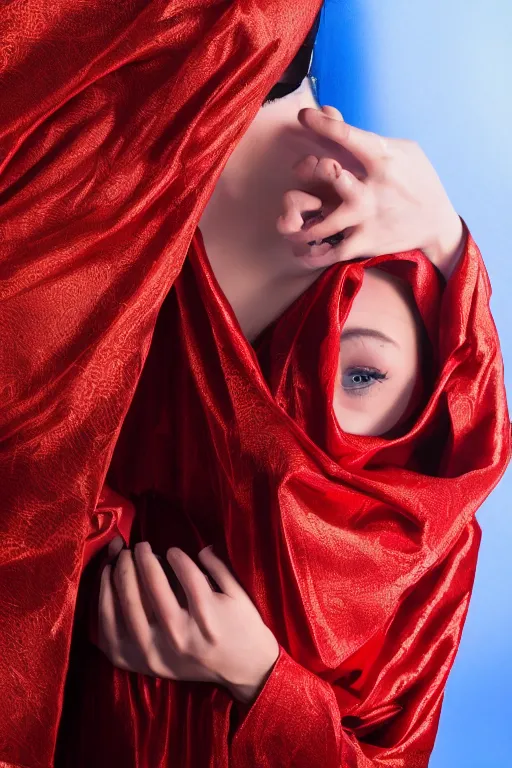 Prompt: a girl with beautiful cold blue eyes, standing in a dark room under the bright lighting of cold lamps, in bright red silk clothes golden ratio, by james jean, medium close - up, perfect composition, dramatic, medium close - up ( mcu ), cannon ef 6 5 mm f / 2. 8