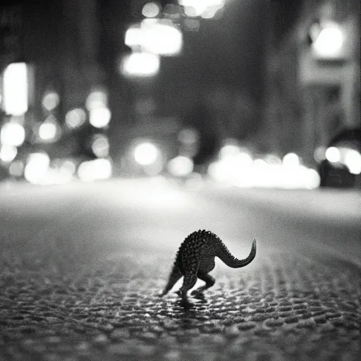Prompt: a beautiful photo by saul leiter of a tiny dinosaur standing in the street at night, tiny gaussian blur, insanely detailed, insanely intricate, insanely beautiful, depth of field, low contrast, snowy, wide aperture