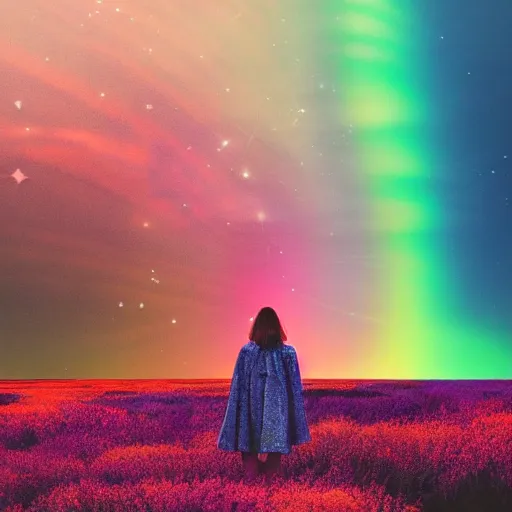 Image similar to A picture of a planet of various colors and plants, in which a human figure dressed in something magical and impressive, inside a picture of infinity, sunset light, Atmospheric Phenomenon art photography