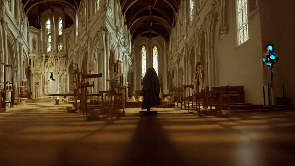 Image similar to the strange creature in church, made of wax and water, film still from the movie directed by Denis Villeneuve with art direction by Salvador Dalí, middle balanced, wide lens