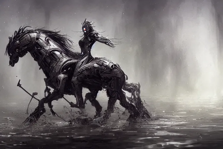 Prompt: a cyborg horse running through a swamp, concept art, artstation