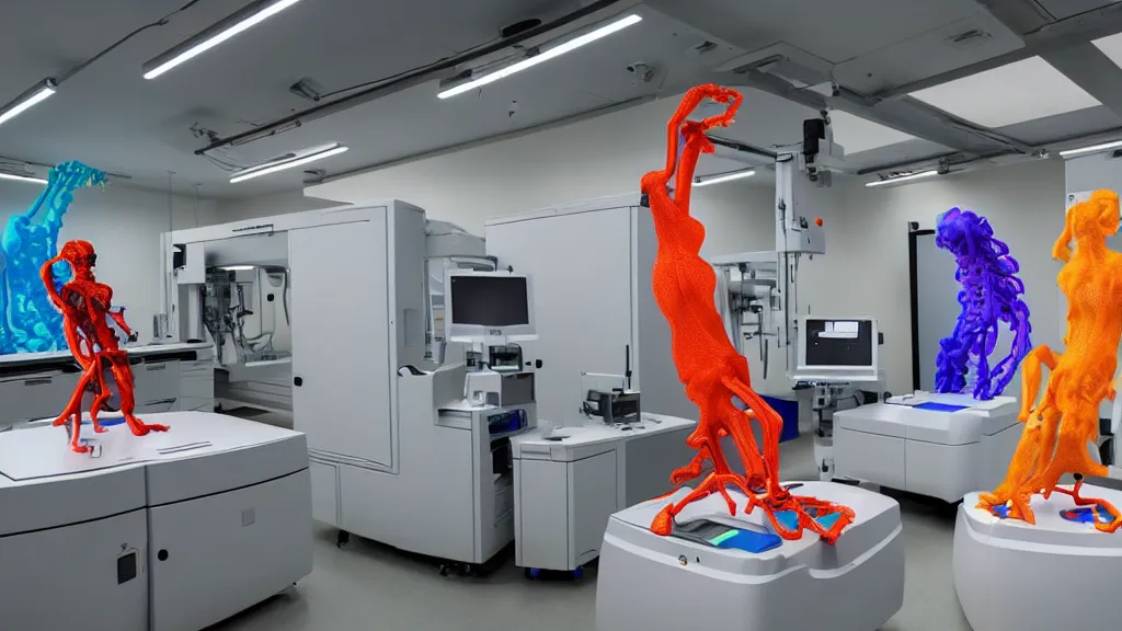 Image similar to a complex bifurcated surgical arm hybrid mri 3 d printer machine making colorful mutant forms with control panels in the laboratory inspection room, film still from the movie directed by denis villeneuve with art direction by salvador dali, wide lens