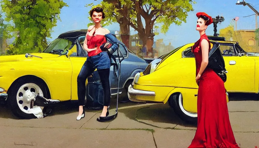 Prompt: a picture of a yellow-car parked next to a red-hydrant with a STYLISH! woman leaning against the car, BEUTIFUL!, surreal, in style of TOM BAGSHAW, painted by Norman Rockwell and Tom Lovell and Frank Schoonover