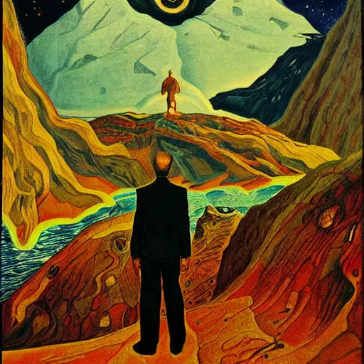 Prompt: a painting of a man standing in front of a cave, a surrealist painting by nikolai astrup, deviantart, psychedelic art, lovecraftian, cosmic horror, poster art