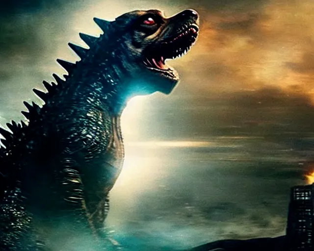 Image similar to godzilla as a chihuahua in a Godzilla: King of the Monsters still film directed by Christopher Nolan, shooting beams from its mouth and toppling over cities, epic action scene