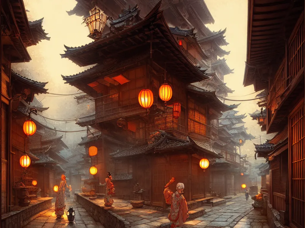 Prompt: old japanese street, d & d digital painting, intricate details, ultra realistic, beautiful, volumetric lighting, warm colors advance, cell shading, by james jean, greg rutkowski, gerald brom, wlop