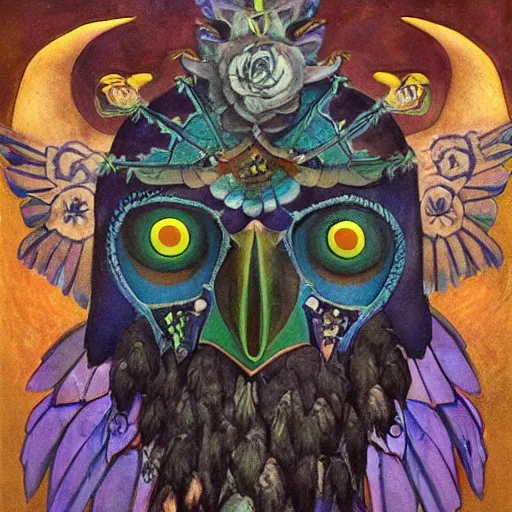 Image similar to the raven god-king, by Annie Swynnerton and Nicholas Roerich and Diego Rivera, bioluminescent skin, tattoos, wings made out of flowers, elaborate costume, geometric ornament, symbolist, cool colors like blue and green and violet, smooth, sharp focus, extremely detailed