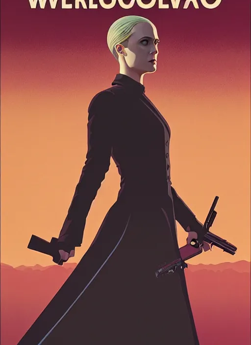 Image similar to poster artwork by Michael Whelan and Tomer Hanuka, a portrait of Evan Rachel Wood in Westworld, clean