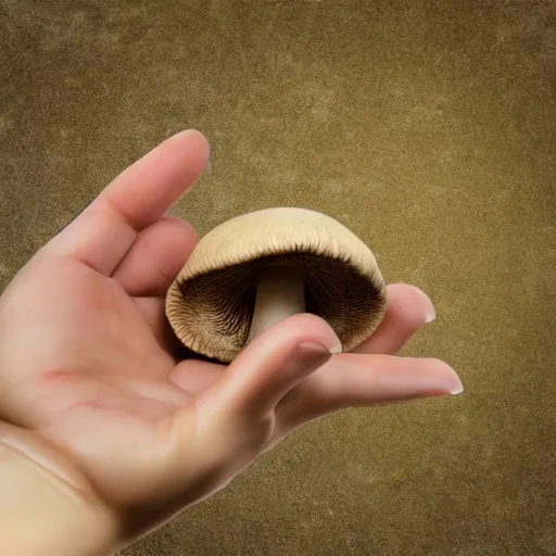 Prompt: hands holding a mushroom with slug texure