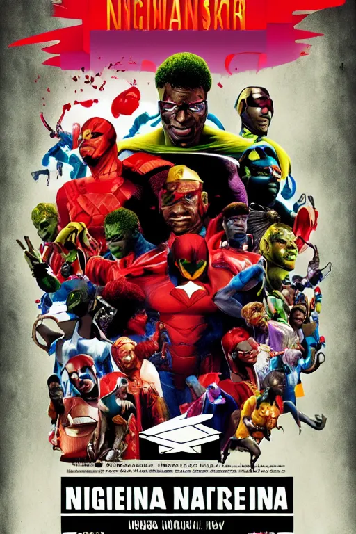 Prompt: nigerian superhero, an ultrafine detailed movie poster, poster design, concert poster