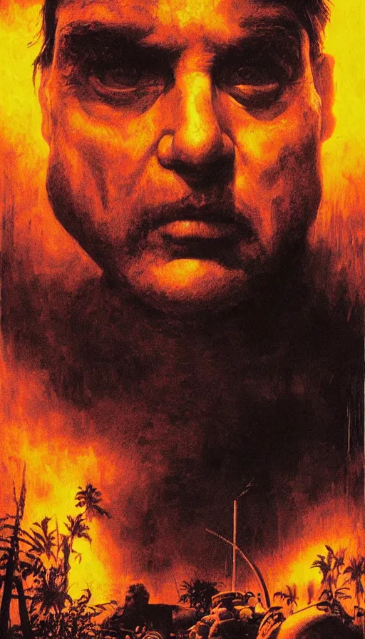 Image similar to anton chigurh's face close up on the apocalypse now poster, red sunset, snake river in the jungle, black helicopters, air brush, oil paint, radiant light, caustics, heroic, bright iridescent light, by gaston bussiere, by bayard wu, by greg rutkowski, by maxim verehin