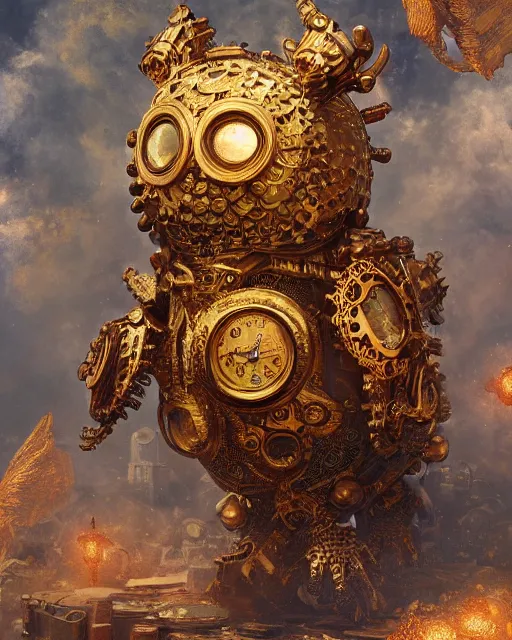 Image similar to oil painting of ornate intricate golden Steampunk owl Golem fighting chinese dragon, sharp focus, fantasy style, steampunk city background, octane render, volumetric lighting, 8k high definition, by greg rutkowski, highly detailed, trending on art Station