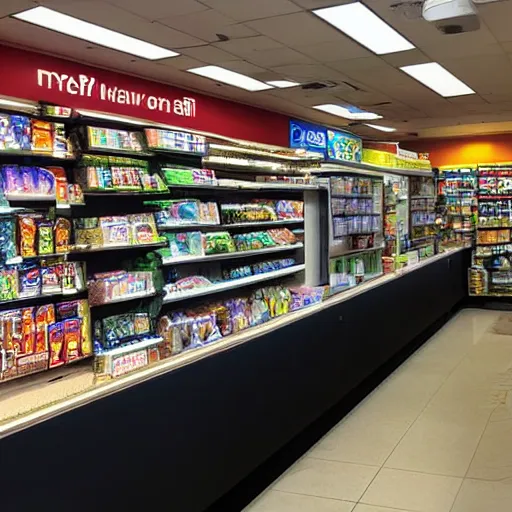 Image similar to Marvels Vision working as a 7/11 cashier, wide wide shot, very detailed, hdr photograph, beautiful lighting