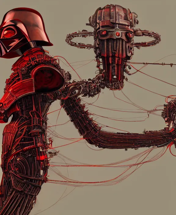 Image similar to a red steampunk darth vader with mechanical tendrils resembling spinal columns extending from his body, by HR Giger and Beksiński and Stephan Martiniere , 4k resolution, detailed, trending on artstation