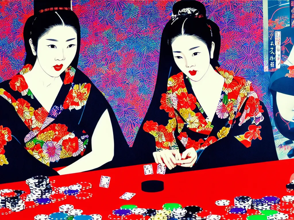 Image similar to hyperrealistic composition of the detailed woman in a japanese kimono sitting at a poker table with detailed darth vader, fireworks, mount fuji on the background, pop - art style, jacky tsai style, andy warhol style, acrylic on canvas