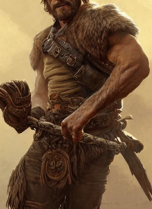 Prompt: photo portrait of a ruggedly handsome ranger, hands details, muscular, full body, leather, hairy, d & d, fantasy, intricate, elegant, highly detailed, digital painting, artstation, concept art, smooth, sharp focus, illustration, art by artgerm and greg rutkowski and alphonse mucha