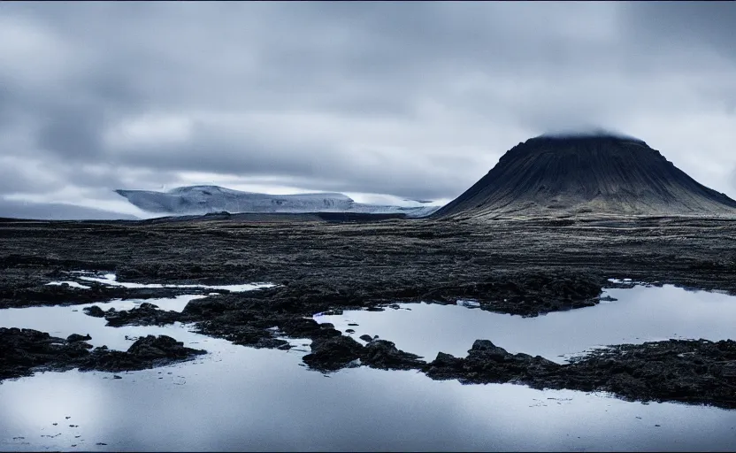 Image similar to icelandic landscape, moody, cinematic, muted colors,