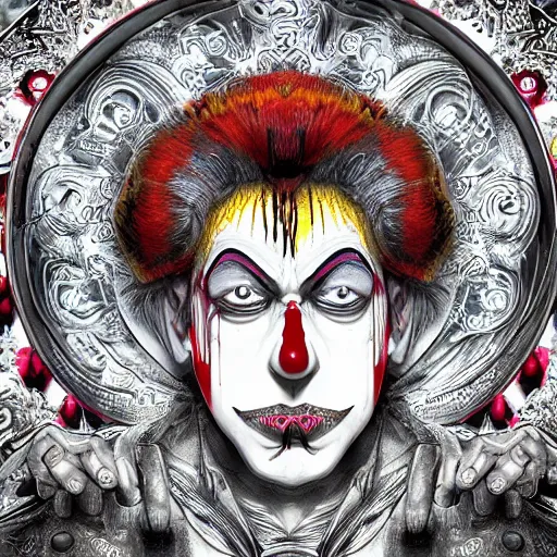 Image similar to 4K headshot of godlike clown with clown nose and defined arms and open hands and bloody clothes with giant mandala wings , intricate runny clown face make-up , flawless anime cel animation by Kentaro Miura, psychedelic , highly detailed upper body , professionally post-processed , beautiful, scary, symmetry accurate features, epic, octane rendered, anime masterpiece, accurate