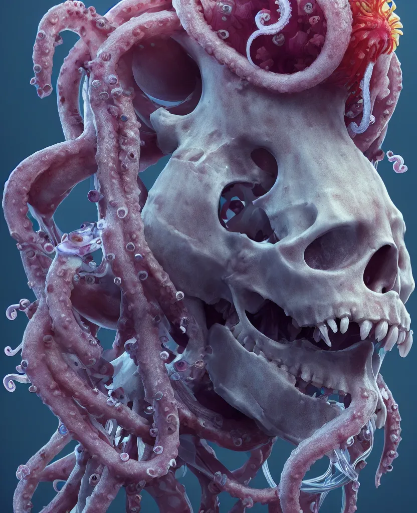 Image similar to boris johnson close - up portrait human skeleton, ram skull, octopus, jellyfish, orchid, betta fish, bioluminiscent, intricate artwork by tooth wu and wlop and beeple. octane render, trending on artstation, greg rutkowski very coherent symmetrical artwork. cinematic, hyper realism, high detail, octane render, 8 k