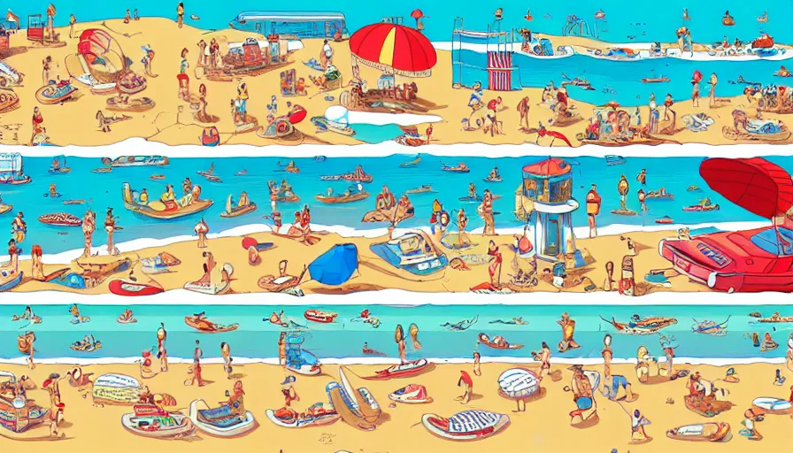Prompt: a full page spread from the where's waldo at the beach book, isometric, waldo in the top right of frame, high detail illustration, coherent