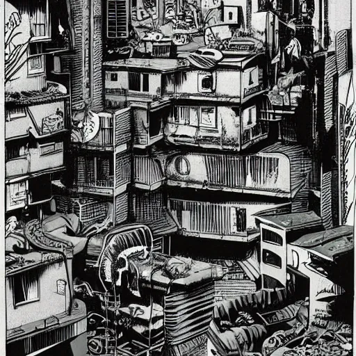 Image similar to biopunk underground bunker, crowded city, small favela-like suburb, gerald brom and andy warhol and steve ditko, 1998