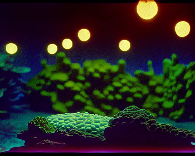 Prompt: low angle shot of a space port at night, aquatic plants, coral, shabby chic, cinematography by Jim Jarmusch, composition by Hale Woodruff,in the style of Nan Goldin, set design by Antonin Gaudí, 35mm, graflex, color film photography