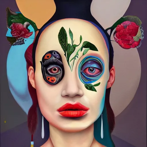 Image similar to a painting of a woman's face with many different things on her face, a surrealist painting, behance contest winner, pop surrealism, surrealist, detailed painting, poster art