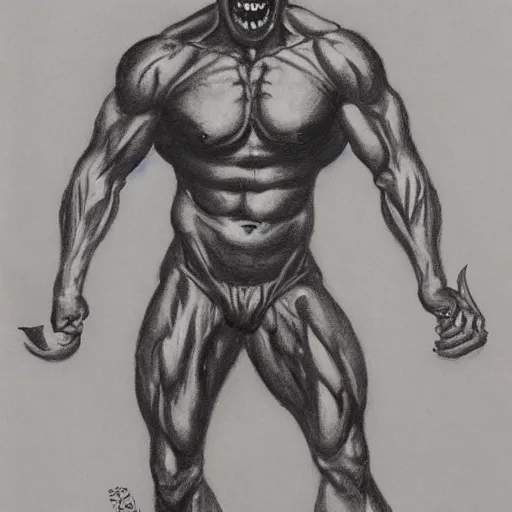 Image similar to full body drawing by Luke Starkie of a muscled horned Satan Devil, red flames in background