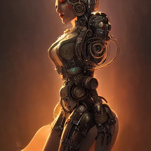 Prompt: dieselpunk robotic elvish empress, extremely detailed, hyperrealistic, intricate, soft light, fantasy, d & d, digital painting, art station, by wlop
