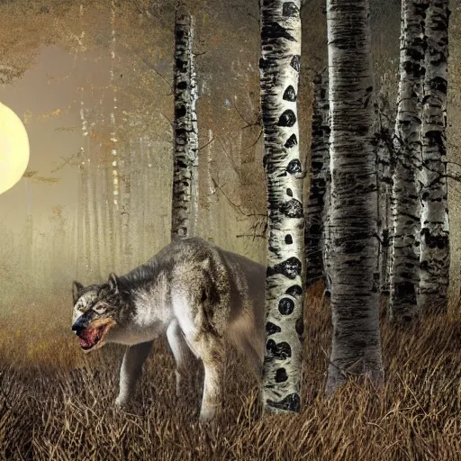 Image similar to Furred chimera with crocodile's body and a wolve's head, set within a birch tree swamp, illuminated by full moon, professional photoshop artwork, highly detailed