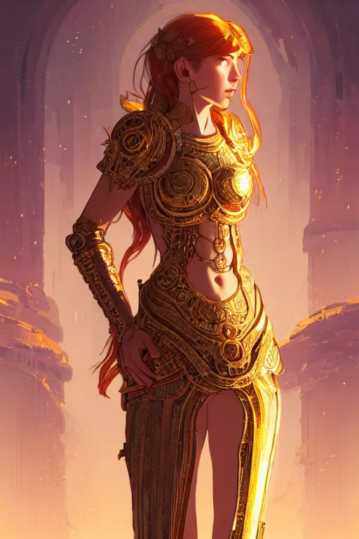 Prompt: portrait knights of zodiac girl, golden and copper shining armor, in ruined agora of athens sunrise, ssci - fi and fantasy, intricate and very very beautiful and elegant, highly detailed, digital painting, artstation, concept art, smooth and sharp focus, illustration, art by tian zi and wlop and ilya kuvshinov and alphonse mucha