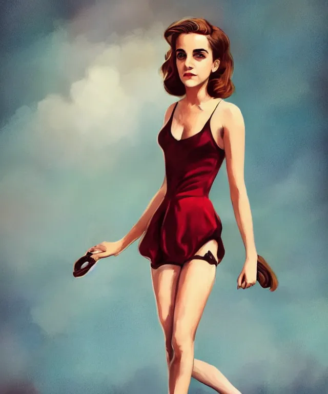 Image similar to emma watson pinup style full body portrait, pinup pose, standing up, swimsuit, elegant, digital painting, trends on artstation, concept art