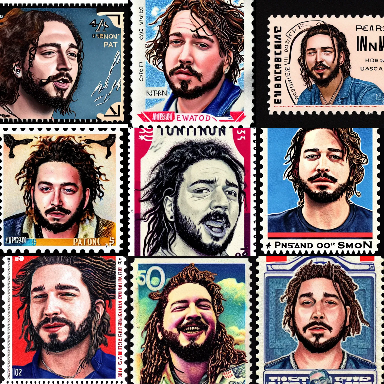 Prompt: a closeup photorealistic illustration of post malone on a vintage 2 9 cent american postage stamp. fine detail. this 4 k hd image is trending on artstation, featured on behance, well - rendered, extra crisp, features intricate detail, epic composition and the style of unreal engine.