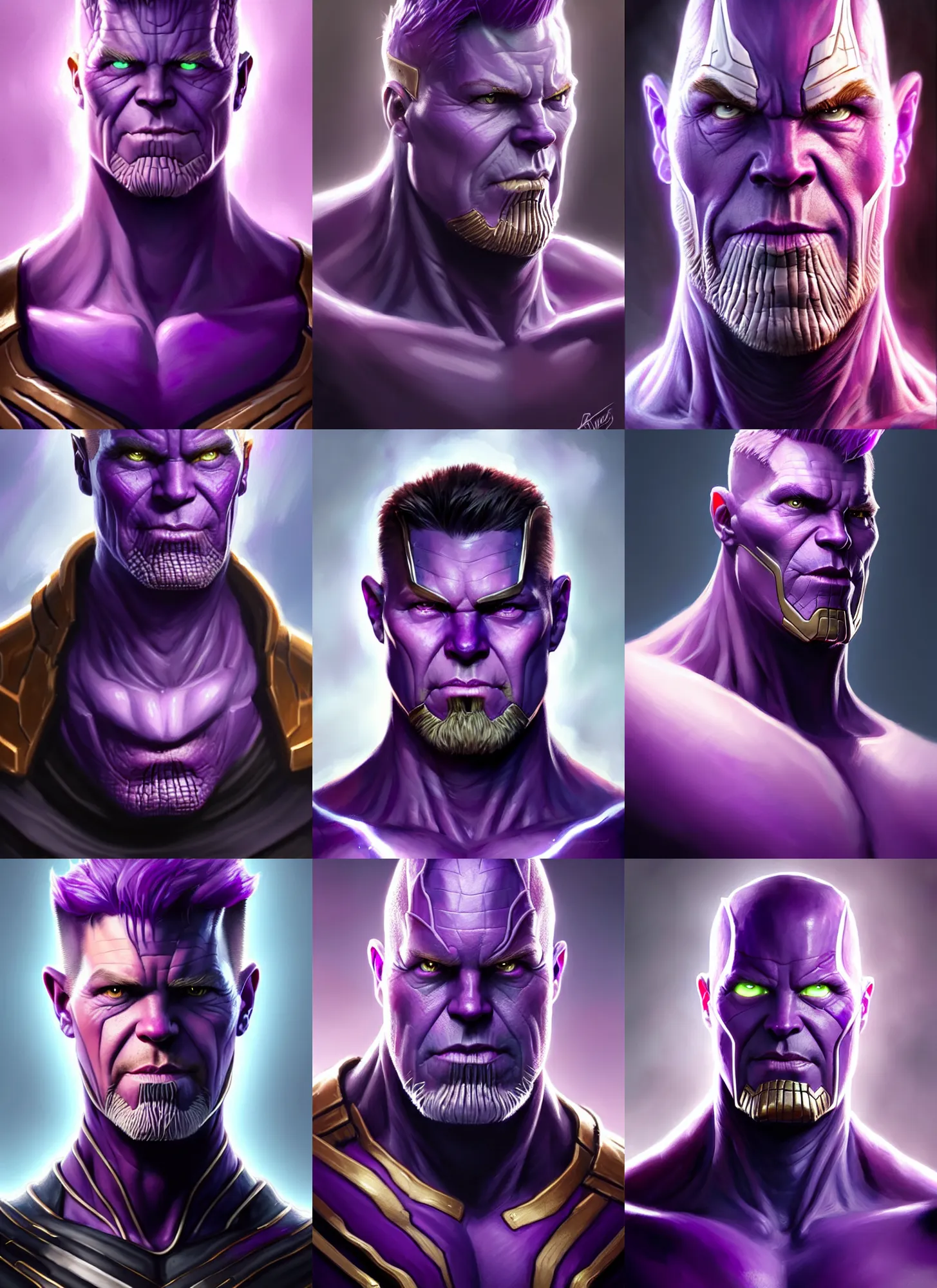 Prompt: a fantasy style portrait painting a character if clint barton and thanos had a son, purple skin, powerful chin, thanos style traits, painting, unreal 5, daz., rpg, portrait, extremely detailed, artgerm greg rutkowski _ greg