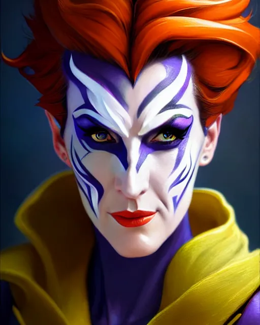 Image similar to moira from overwatch, lightning bolt face paint, character portrait, portrait, close up, highly detailed, intricate detail, amazing detail, sharp focus, vintage fantasy art, vintage sci - fi art, radiant light, caustics, by boris vallejo