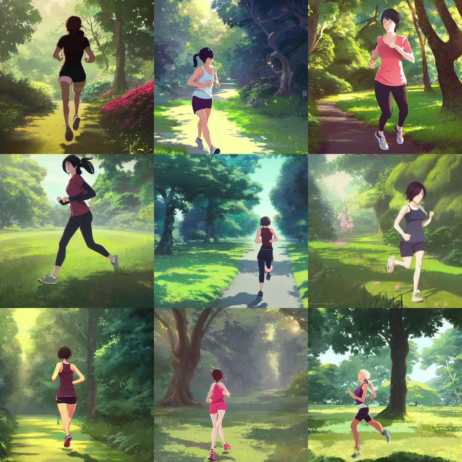 Prompt: woman jogging in a lush park, finely illustrated face, highly detailed, digital painting, studio ghibli key visual, in the style of ilya kuvshinov and krenz cushart