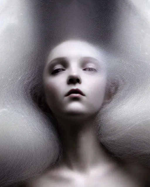 Image similar to delicate, dreamy, feminine, subsurface scattering, white, young beautiful robot - cyborg in cosmos long white hair floating in air, fluid smoke art, black and white, octane render, dino valls, mark ryden, joe fenton, michal karcz, highly detailed, rim light, art, cinematic lighting, very coherent, hyper realism, 8 k